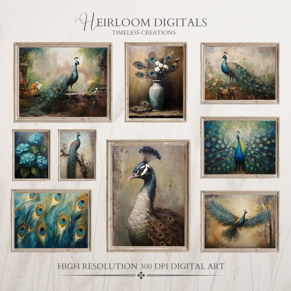 Peacock Prints Digital Gallery Set of 9 Peacock Art Moody & Victorian Peacock Painting Set Peacock Wall Art