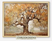 Rustic Farmhouse Autumn Oak Tree Digital Art Print, Cozy Autumn Digital Art Landscape, PRINTABLE Wall Art