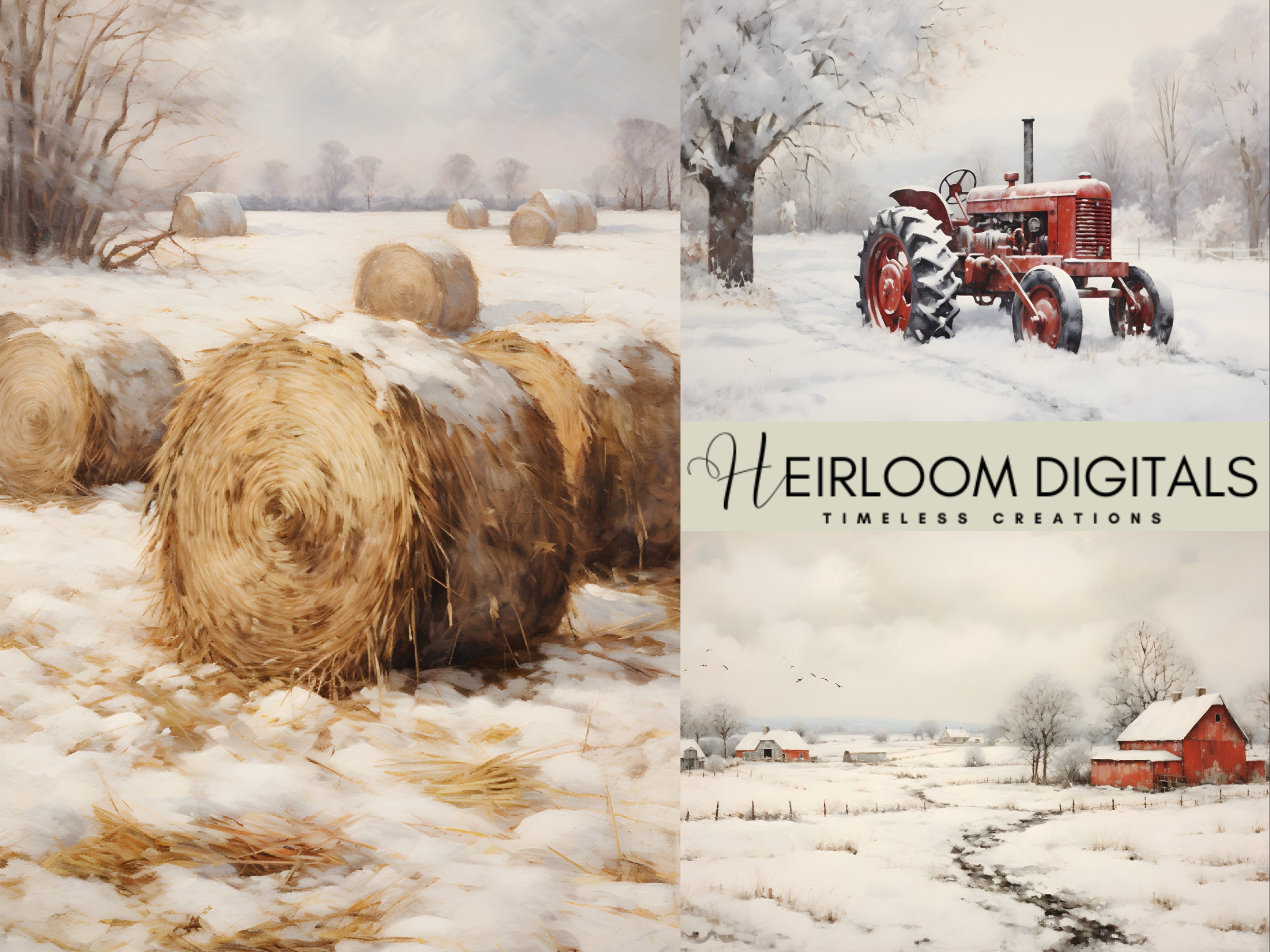 Vintage Winter Farmhouse Gallery Digital Art, Instant Download