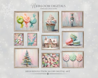 Candy Christmas Land Gallery Digital Art Prints, Set of 10, Pastel Candy Themed Christmas Printable Art