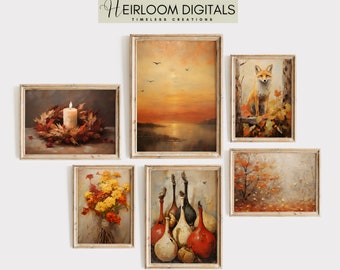 Autumn Art Wall Gallery Set of 6 Digital Downloads Prints Rustic Farmhouse Oil Painting Candle Wreath Decor Gourds