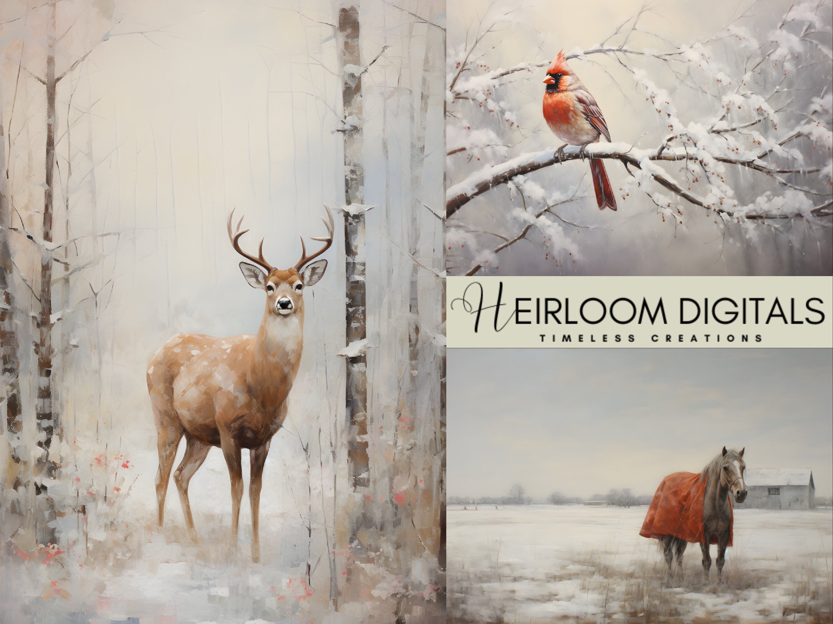 Vintage Winter Farmhouse Gallery Digital Art, Instant Download