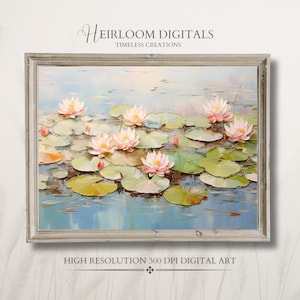 Impasto Oil Painting of Lily Pads DIGITAL Print of Lily Pad Painting With Beautiful Palette Knife Textures Lotus Flower Wall Art