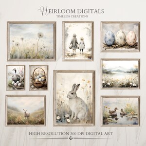 Easter Gallery Wall Set of 9, Watercolor Painting Easter DIGITAL Art, Easter Bunny, Easter Lamb, Spring Printable Digital Download