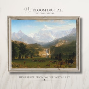 May include: A framed digital art print featuring a landscape painting of a mountain valley with a waterfall, trees, and a group of people. The text "Heirloom Digitals Timeless Creations" is at the top, and "HIGH RESOLUTION 300 DPI DIGITAL ART" is at the bottom.