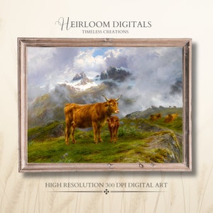Vintage Highland Cow DIGITAL Printable Painting 1800s Oil Painting Highland Cattle Decor Wall Art Farmhouse Prints Western Oil Painting Art