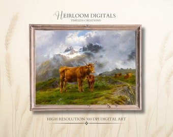 Könnte beinhalten: Ein digitales Gemälde einer Highland-Kuh und eines Kalbes, die auf einer Weide mit einem Gebirge im Hintergrund stehen. Der Himmel ist bewölkt und in der Ferne liegt Nebel.