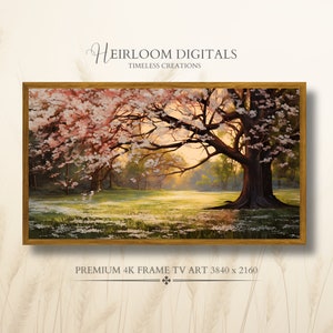 May include: A digital painting of a large tree with pink blossoms in a field of white flowers. The sun is setting behind the tree, casting a warm glow on the scene. The painting is framed in a gold frame. PREMIUM 4K FRAME TV ART 3840 x 2160