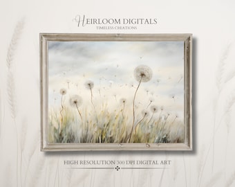 Vintage Dandelion Wall Art Single DIGITAL Print, Dandelion Blowing in the Wind, Spring Field Print, Watercolor Dandelion Art Printable