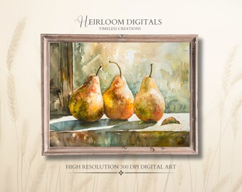 Vintage Pear Still Life DIGITAL Art Print, Kitchen Wall Art, Farmhouse Kitchen Decor, Country Wall Art, Instant Download Art, Printable Art