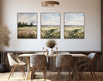 Printable Wall Art Sets Spring Wildflowers Meadow Nature Triptych Set of Three DIGITAL Painting Wildflower Wall Art Set Cloud Print Neutral