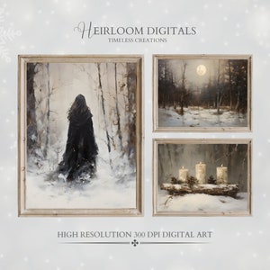 Vintage Winter Solstice Yule Decor Set of 3 Digital Art, Pagan Yule Decor Prints with Winter Witch, Yule Log, and Winter Forest