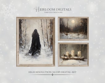 Vintage Winter Solstice Yule Decor Set of 3 Digital Art, Pagan Yule Decor Prints with Winter Witch, Yule Log, and Winter Forest