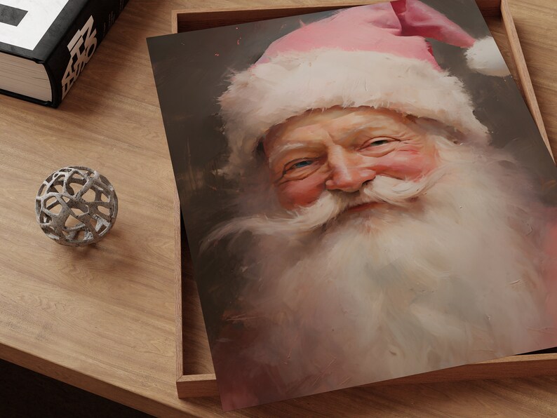 May include: A close-up portrait of Santa Claus with a pink hat and white beard. He is smiling and looking directly at the viewer.