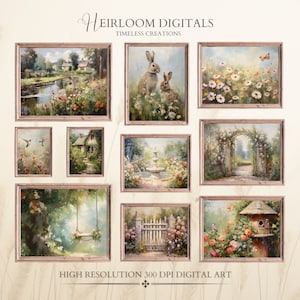 Spring Cottagecore Gallery Wall Set de 10 impresiones digitales Cottage Core Gardens Cottagecore imprime conejitos vintage, mariposas, colibríes