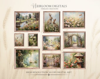 Spring Cottagecore Gallery Wall Set of 10 Digital Cottage Core Gardens Prints Cottagecore Prints Vintage Bunnies, Butterflies, Hummingbirds