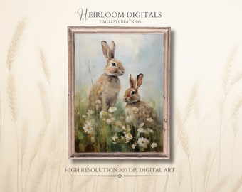 Vintage Rabbit Painting Print Printable Bunnies in Wildflowers Farm Decor Prints Country Decor Vintage Easter DIGITAL Print Spring