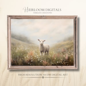 May include: A framed digital art print featuring a lamb standing in a field of wildflowers. The artwork has a soft, pastel color palette with the text "Heirloom Digitals Timeless Creations" and "High Resolution 300 DPI Digital Art".