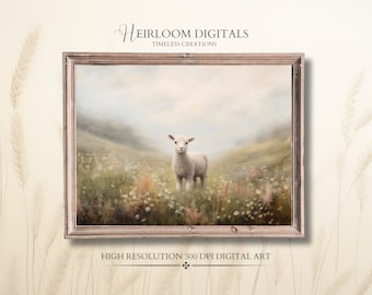 Easter Lamb Wall Art DIGITAL Print, Spring Printable Wildflower Vintage Oil Painting Baby Lamb Easter Print Download Farmhouse Country Decor