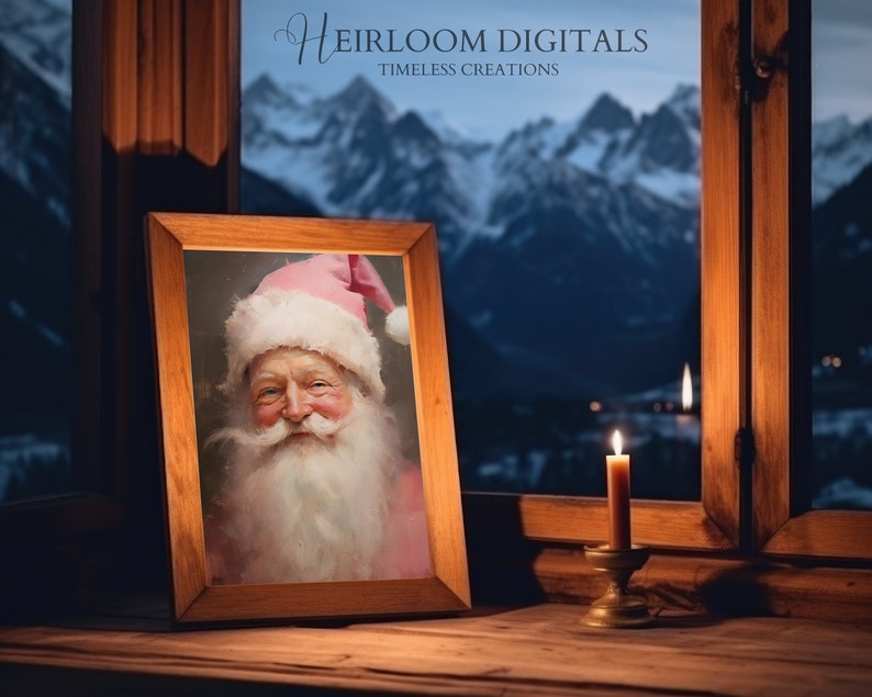 May include: A framed portrait of Santa Claus with a pink hat and white beard, sitting on a wooden windowsill with a lit candle in front of it. The window is open and shows a snowy mountain range in the distance.