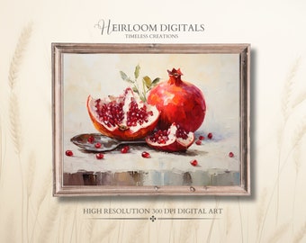 Digital nedladdning av oljemålning med granatäpple, granatäpplekonst, utskrivbar, kök, bondgårdsdekor, stilleben, oljemålning av granatäpple, digital
