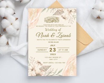 Editable Islamic Wedding Brown Floral Invitation Template, Muslims Wedding Invitation Template, Digital Islamic Nikah Invitation Card