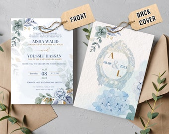 Muslim Wedding Template Dusty Blue and Sage Green Elegant Watercolor Invitation,  Digital Wedding Invitation