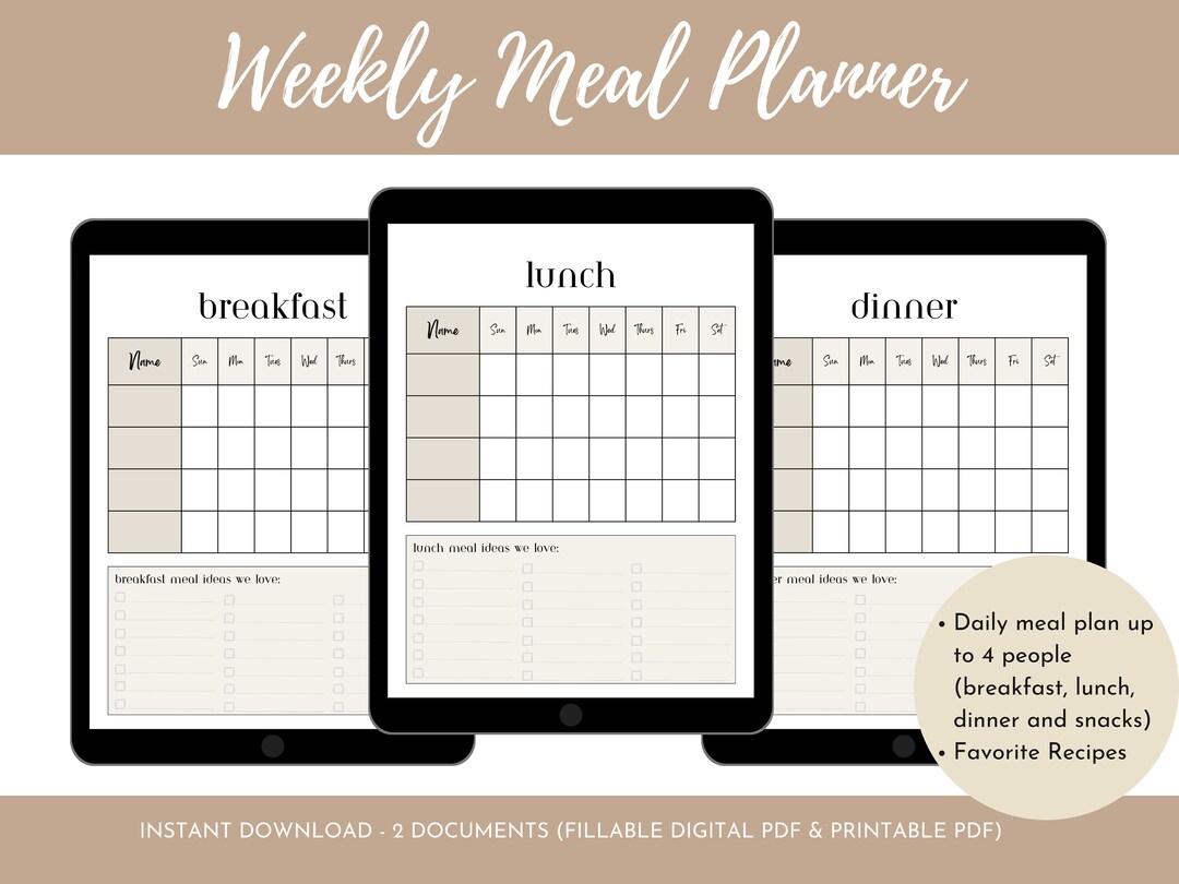 Weekly Family Meal Planner Fillable PDF Printable Meal - Etsy