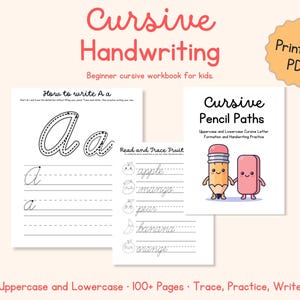Könnte beinhalten: Ein digitales Arbeitsbuch mit dem Titel Cursive Handwriting mit Seiten zum Nachspuren von Buchstaben und Obstnamen. Das Cover zeigt einen gezeichneten Bleistift und Radiergummi. Der Text umfasst How to write A a, Read and Trace Fruit und Cursive Pencil Paths.