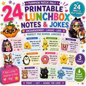 Könnte beinhalten: Eine digitale Sammlung von 24 ausdruckbaren Lunchbox-Notizen und Witzen mit dem Titel Pumpkin Patch Pals. Das Set enthält bunte Illustrationen eines Kürbisses, eines Mädchens mit lila Haaren, eines Hundes und verschiedener Lebensmittel für die Schule.