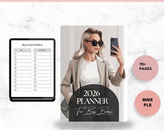 Könnte beinhalten: Ein digitaler Planer mit dem Text "2026 Planner For Boss Babes" und einer Frau mit Sonnenbrille, die ein Selfie macht. Ein Tablet zeigt eine Liste mit dem Titel "Blog Social Media Ideas". Das Bild enthält auch den Text "70+ PAGES", "MMR PLR" und "Editable On Canva".