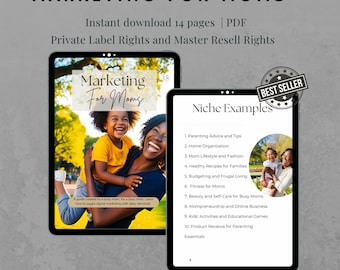 May include: Two tablets display the text "MARKETING FOR MOMS" and "Niche Examples." One tablet shows a mother and child, the other lists topics like parenting advice and home organisation. The image includes the text "Instant download 14 pages | PDF."