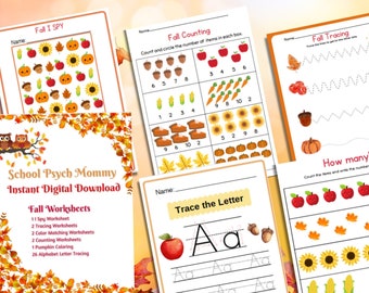 Fall Themed Worksheets for Kids, Homeschool Learning, Preschool, TK, Kindergarten, Autumn Printables, Instant Download, 34 Pages