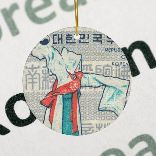 Retro Korea Stamp Inspired Ornament, Vintage Korea Dance Ornament, 1966 Traditional Charm, Ceramic Holiday Décor, Unique Korea Travel Gift