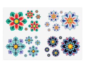 Korean Traditional Flower Stickers - Dancheong Motif, Vibrant Vinyl Decals, Holographic, Transparent, White - Art Enthusiasts, K Drama Fans