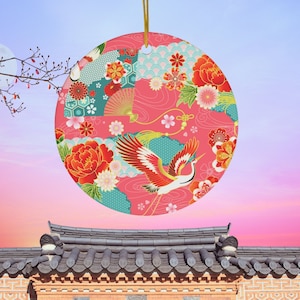 Korean Traditional Art Ornament - Crane, Flowers, Fan Motif, Historic Korean Beauty, Holiday Decor, Korea Keepsake & Souvenir