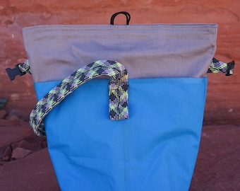 bouldering chalk bucket, upcycled sleeping pad & vintage climbing rope, one-of-a-kind, handmade