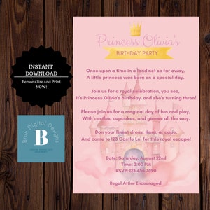 Royal Princess Birthday Celebration, Pink Castle Birthday Party Invitation Template, Any Age, Instant Download for Kids Girls DIY