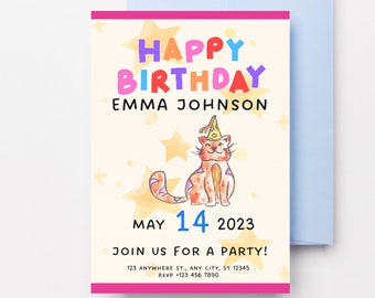 Festa di compleanno del gatto, invito modificabile, modello modificabile, invito digitale