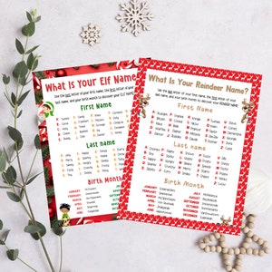 Peut inclure: Deux feuilles d'activités de Noël imprimables avec des arrière-plans rouge et blanc. La première feuille est intitulée "Quel est votre nom d'elfe ?" et la deuxième feuille est intitulée "Quel est votre nom de renne ?" Les deux feuilles contiennent des instructions pour utiliser la première et la dernière lettre de votre nom et votre mois de naissance pour découvrir votre nom d'elfe ou de renne. Les feuilles comprennent des listes de noms pour chaque catégorie.