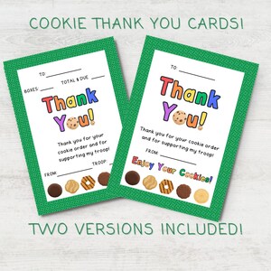 May include: Two printable thank you cards for Girl Scout cookie sales. The first card has a space to write the total amount due and the number of boxes sold. The second card says "Thank You!" and "Enjoy Your Cookies!" with a colorful cookie graphic.