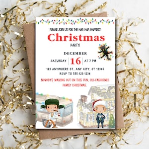 May include: A Christmas party invitation with festive text and illustrations. The invitation includes the words "Christmas Party!" and details for the event, such as the date, time, and RSVP information. The design features cartoon characters and holiday lights.