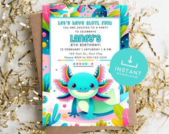 Axolotl party invitation, Axolotl editable birthday invites, Axolotl birthday invitation