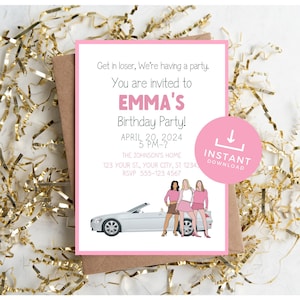 Roze verjaardagsuitnodiging voor meisjes, verjaardagsuitnodiging voor volwassenen, gemene feestuitnodiging, verjaardagsfeestje met filmthema