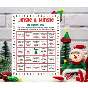 May include: A Christmas-themed bingo card with the title "Jingle & Mingle: Find the Quest Bingo". The card has 25 squares with various Christmas-related prompts, such as "Someone who loves Christmas movies" and "Someone who has visited more than 3 countries".