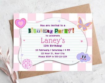 Pink preppy birthday invite, Y2K aesthetic bday invitation, preppy girl birthday invitations