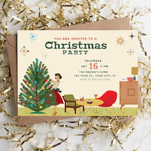 May include: A retro-style Christmas party invitation with a woman decorating a Christmas tree. The invitation features a festive color scheme of red, green, and gold. The text reads "You are invited to a Christmas Party, December 16, 7 PM, The Brown's Home, 123 Your St., Your City, ST, RSVP to 555-123-1234".