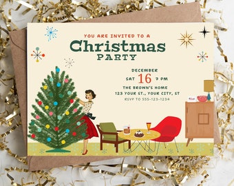 Op de afbeelding: Een retro-stijl kerstfeestuitnodiging met een vrouw die een kerstboom versiert. De uitnodiging heeft een feestelijk kleurenschema van rood, groen en goud. De tekst luidt "U bent uitgenodigd voor een kerstfeest, 16 december, 19:00 uur, bij de Browns, 123 Your St., Your City, ST, RSVP naar 555-123-1234".
