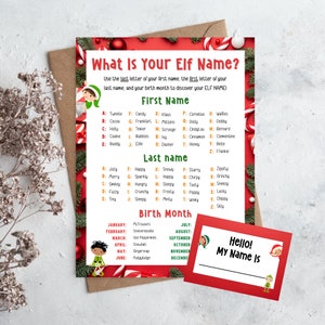May include: A printable Christmas activity sheet with a red background and green and white candy cane borders. The sheet has a title "What Is Your Elf Name?" and instructions to use the last letter of your first name, the first letter of your last name, and your birth month to discover your elf name. The sheet has a list of names for each letter of the alphabet for first names, last names, and birth months.