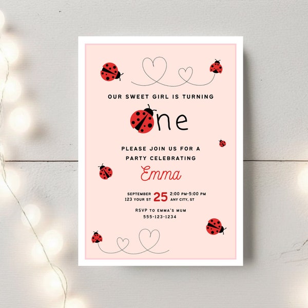 Faire-part fête coccinelle, invitation rose coccinelle miraculeuse imprimable pour le 1er anniversaire d'une fille